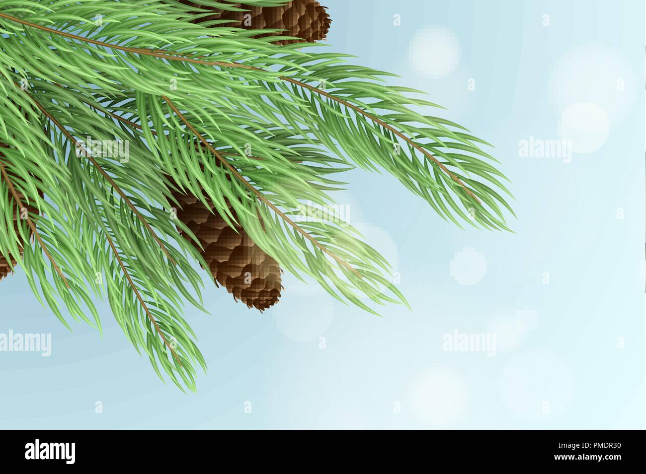 Merry Christmas background. Albero di Natale con i coni. Abbagliamenti bokeh di fondo. Illustrazione Vettoriale. Inverno sfondo per i vostri progetti. EPS 10 Illustrazione Vettoriale