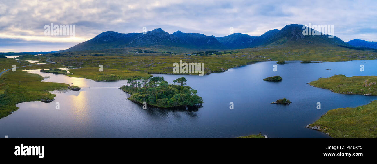 Panoramica aerea di Pini isola nel Lago Derryclare, contea di Galway, Irlanda Foto Stock
