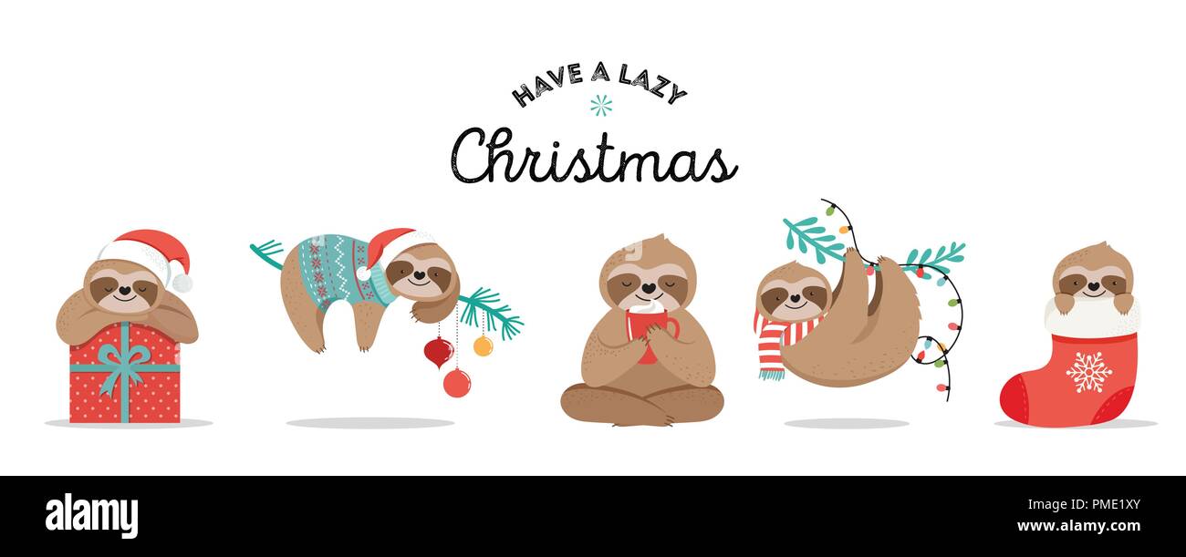 Biglietti Di Natale Umoristici.Carino Bradipi Divertenti Illustrazioni Di Natale Con Babbo Natale Costumi Cappello E Sciarpe Biglietti Di Auguri Insieme Banner Immagine E Vettoriale Alamy