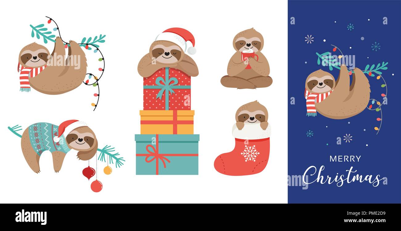 Biglietti Di Natale Umoristici.Carino Bradipi Divertenti Illustrazioni Di Natale Con Babbo Natale Costumi Cappello E Sciarpe Biglietti Di Auguri Insieme Banner Immagine E Vettoriale Alamy