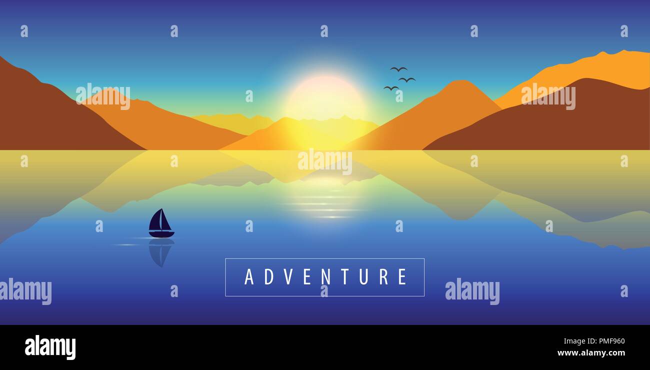 Avventura autunno sfondo del paesaggio con lonely in barca a vela su un mare calmo e vista sulla montagna al tramonto colorato illustrazione vettoriale EPS10 Illustrazione Vettoriale