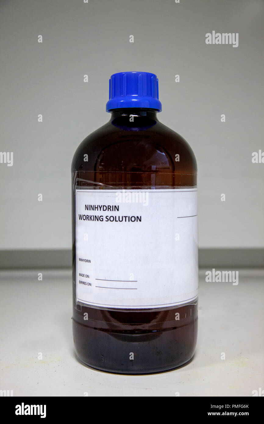 Bottiglia di vetro per il contenimento di ninidrina della soluzione di lavoro per essere usato su superfici porose per la valorizzazione di latente impronte digitali utilizzando il prodotto chimico Foto Stock