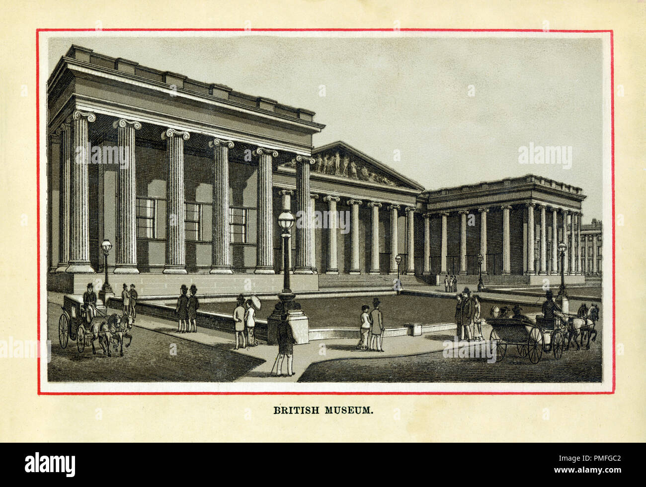 Il British Museum, 1880 in acciaio di alta qualità di incisione la prima nazionale museo pubblico del mondo, fondata nel 1753 sulle collezioni di Hans Sloane, neo-classico costruito davanti ai disegni di Robert Smirke aperto tra il 1827 e il 1857 Foto Stock