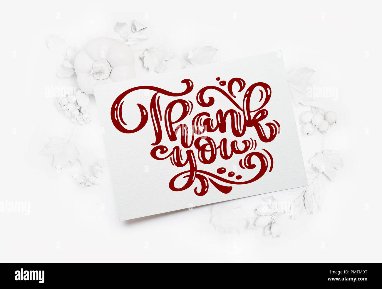 Mockup white zucca, bacche e foglie su un di legno autunno sfondo. Biglietto di auguri per il giorno del Ringraziamento in stile rustico con testo grazie. Lay piatto. Vista superiore Foto Stock