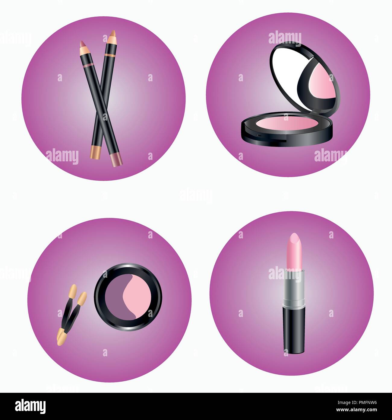 Diversi prodotti cosmetici nel round icone. Le ombre e polvere, matita di rossetto Illustrazione Vettoriale