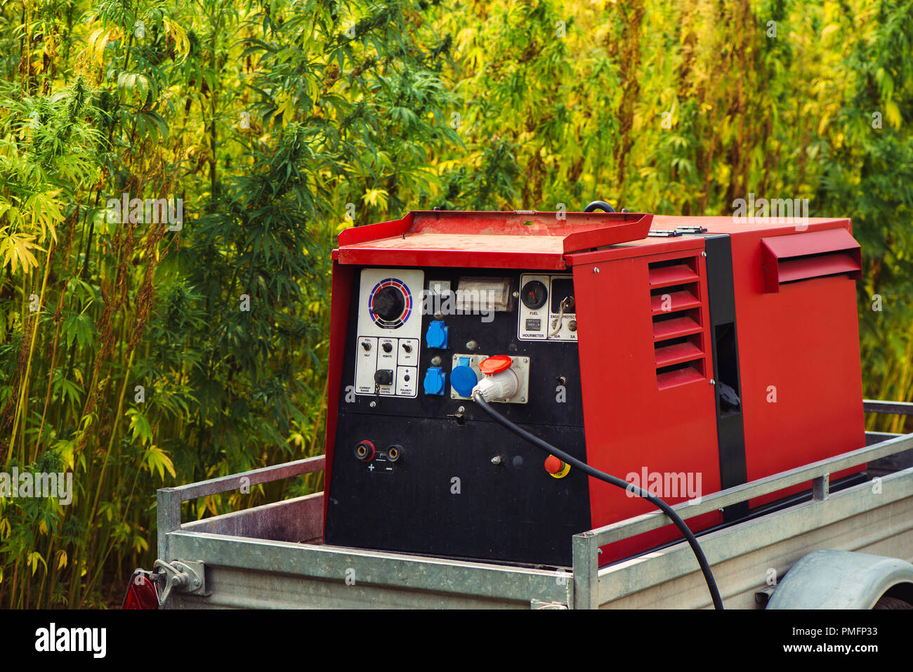 Potenza elettrica generatore di aggregato in canapa industriale campo Foto Stock