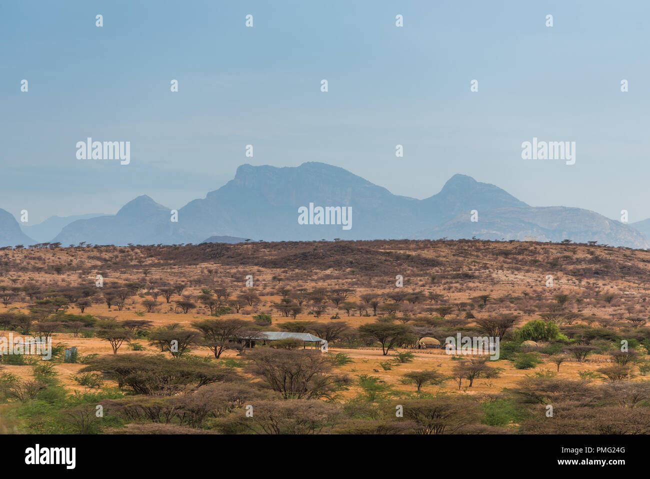 Deserto arido paesaggio con arbusti contro lo sfondo di una lontana blue mountain nei pressi di Marsabit, nel deserto Kaisut, nel nord del Kenya Foto Stock