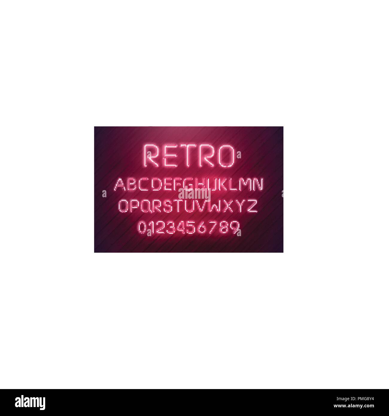 Neon luce font letter set. Bar segno tipo di vettore. Casino incandescente e cinema testo rosso alfabeto su tavole di legno parete. Sfondo rétro. Illustrazione Vettoriale