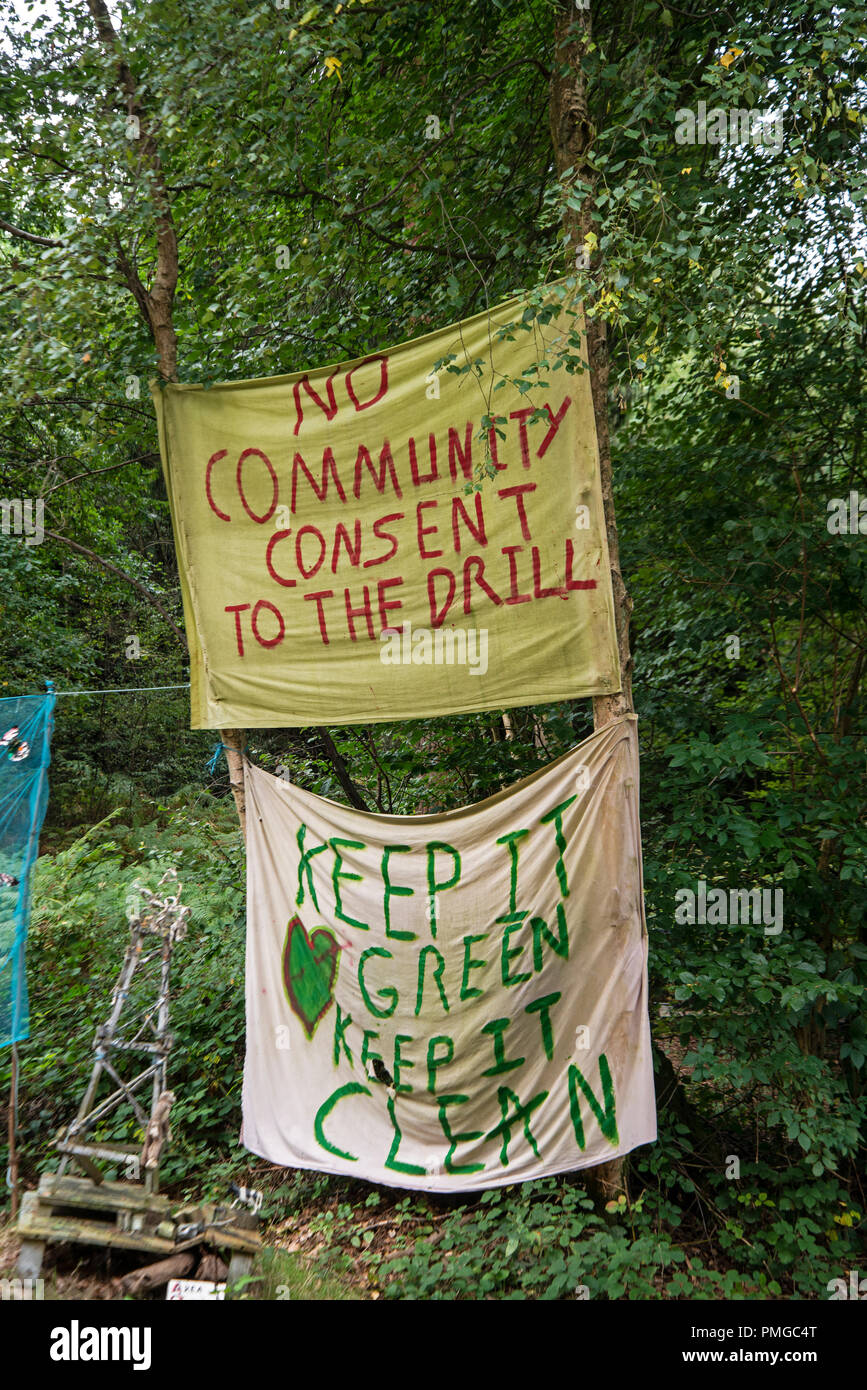 Segni Anti-Fracking, Leith Hill, Surrey. Settembre, 2018 Foto Stock