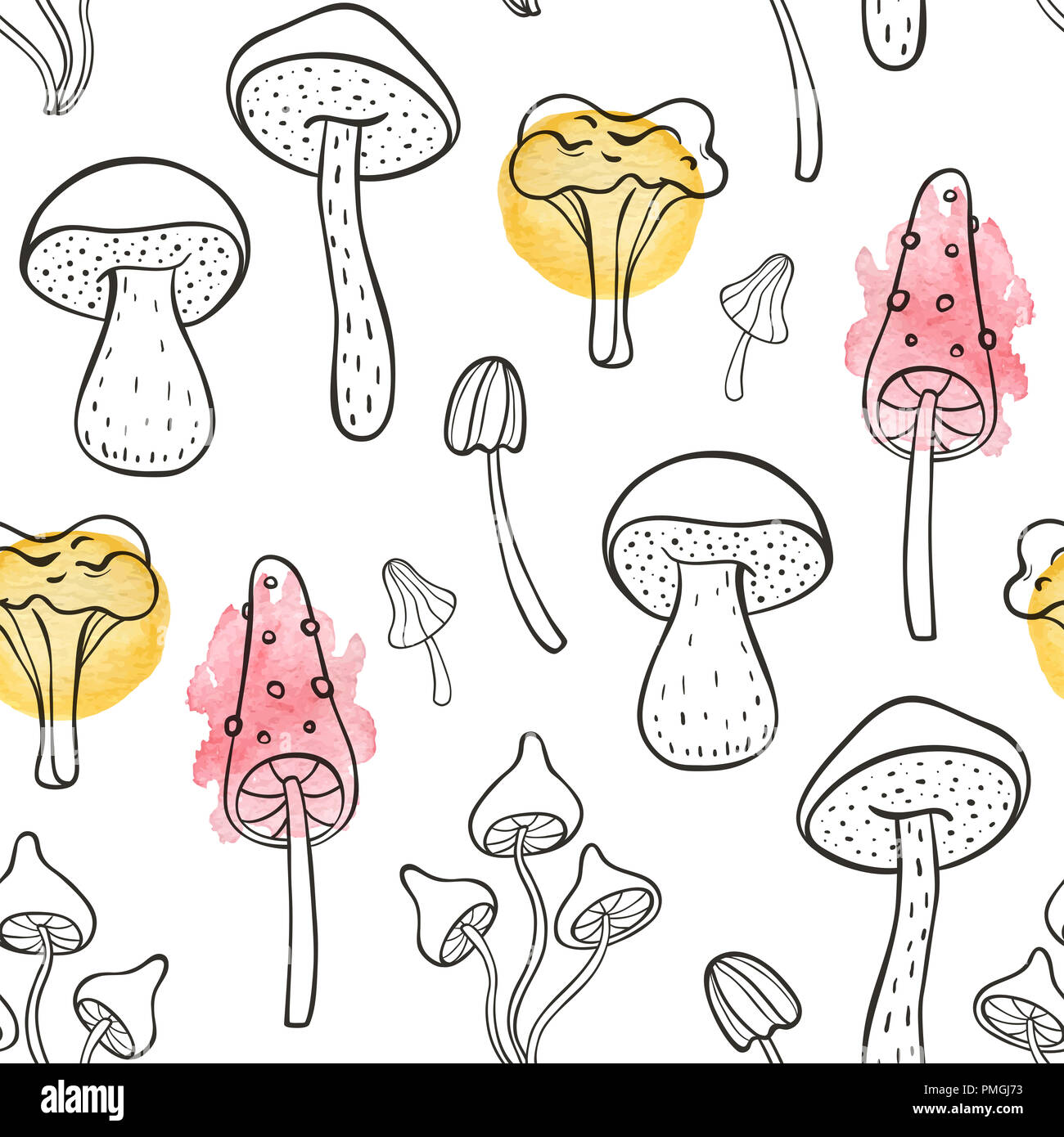 Autunno doodle seamless pattern con funghi di bosco su uno sfondo bianco. Disegnata a mano illustrazione con elementi ad acquerello. Foto Stock