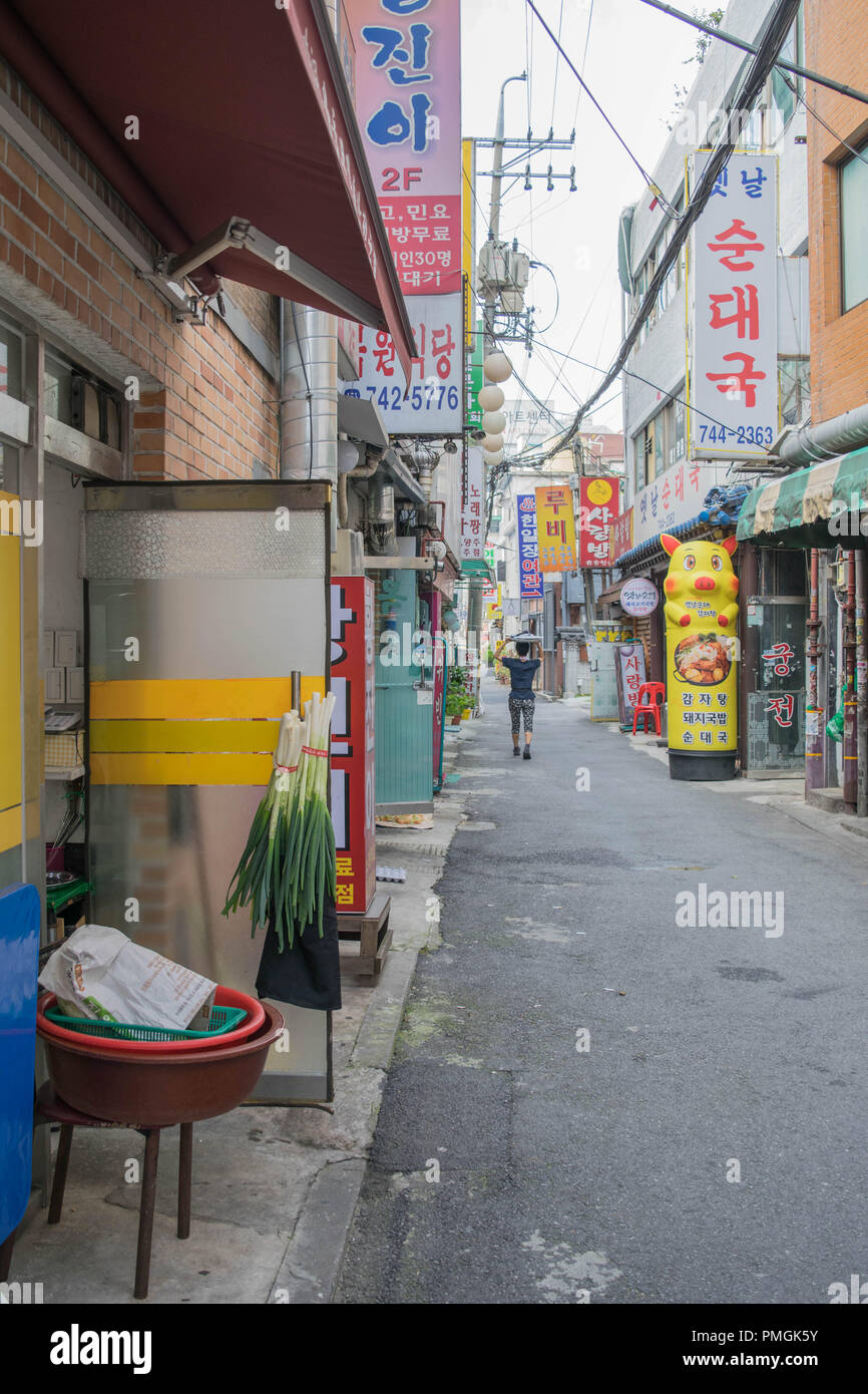 Strada stretta con autentici ristoranti Coreani e una persona a piedi mentre si trasporta un vassoio di cibo sul suo capo, a Seul, Corea del Sud Foto Stock