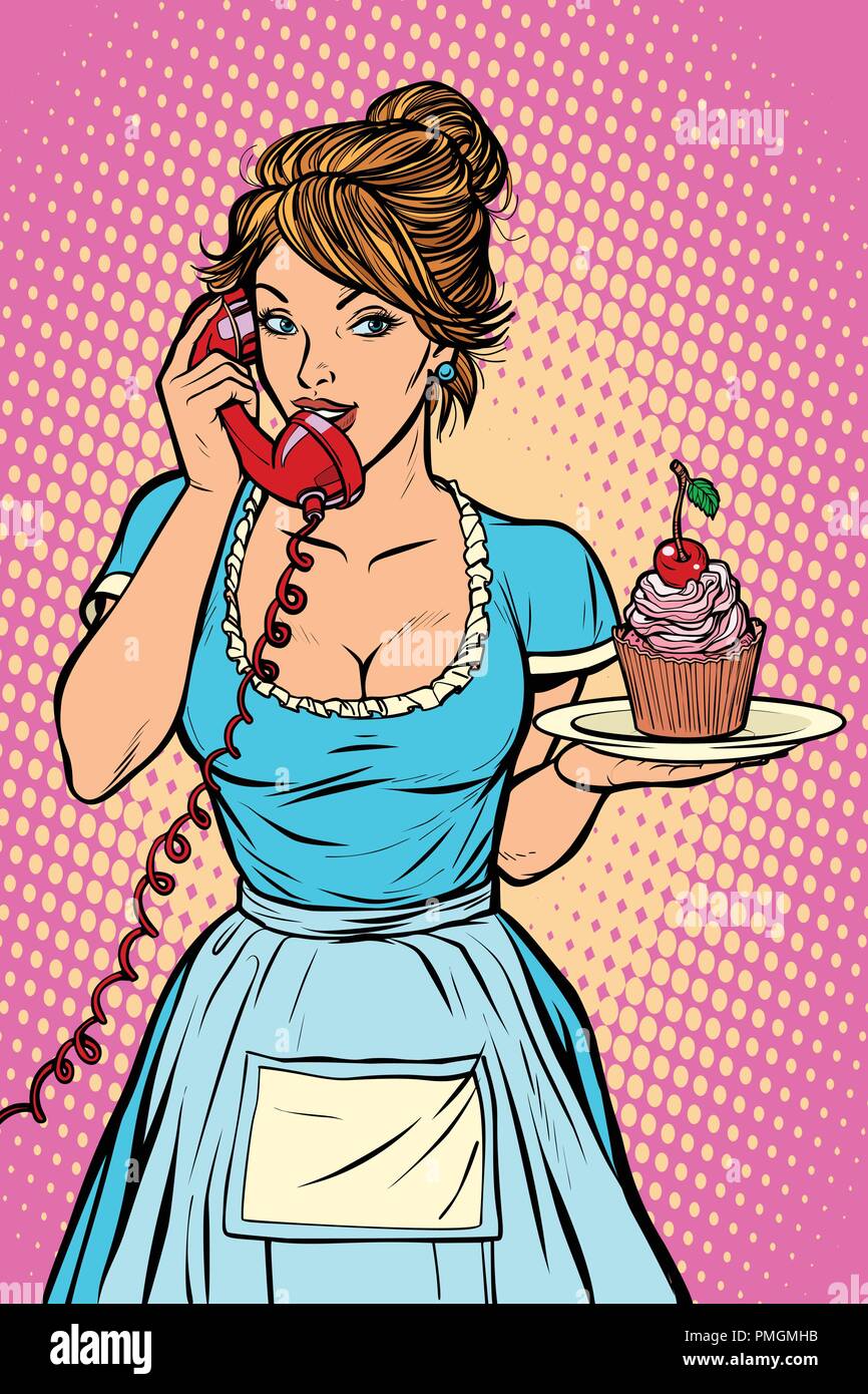 Tortina con cherry consegna. Servizio dell'hotel. Cameriera Illustrazione Vettoriale