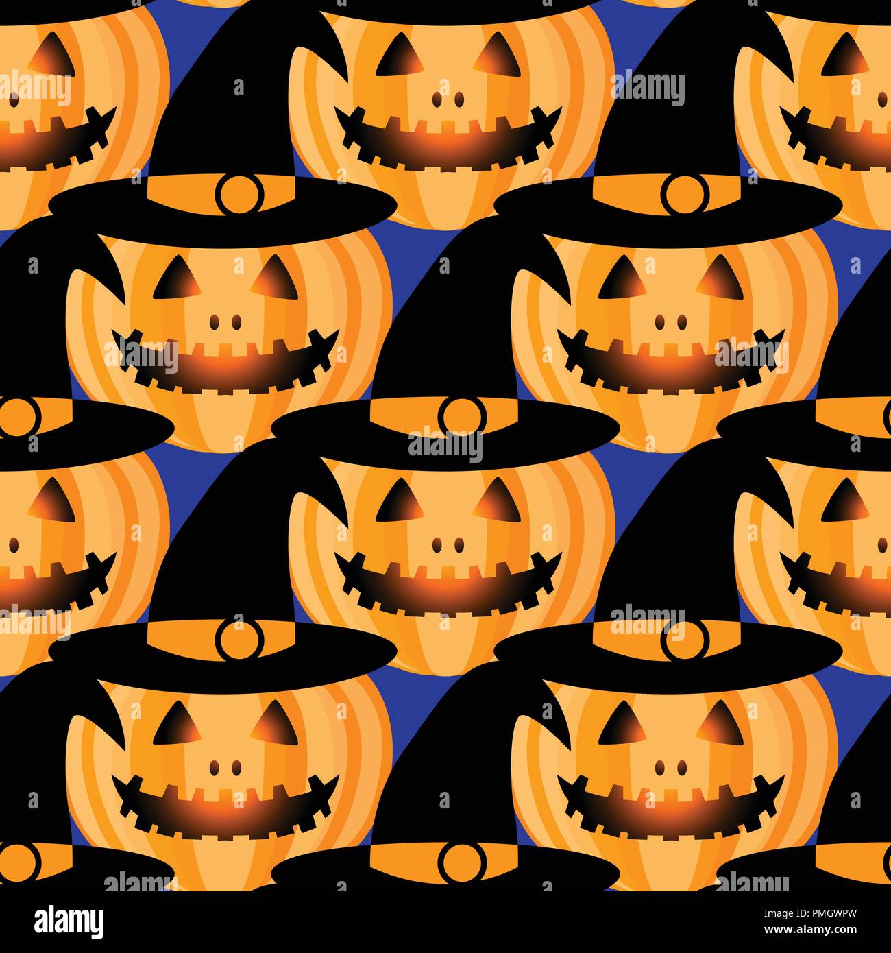 Happy Halloween jackolantern pattern senza giunture. Jack lanterna con facile e hat. Illustrazione di vettore isolato su sfondo nero. Illustrazione Vettoriale