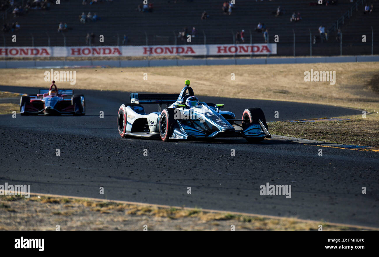 A Sonoma, CA, Stati Uniti d'America. Xvi Sep, 2018. Un :Carlin conducente Max Chilton (59) della Gran Bretagna in uscita di curva 8 curva S durante la GoPro Grand Prix di Sonoma Verizon Campionato Indycar di Sonoma Raceway Sonoma, CA Thurman James/CSM/Alamy Live News Foto Stock