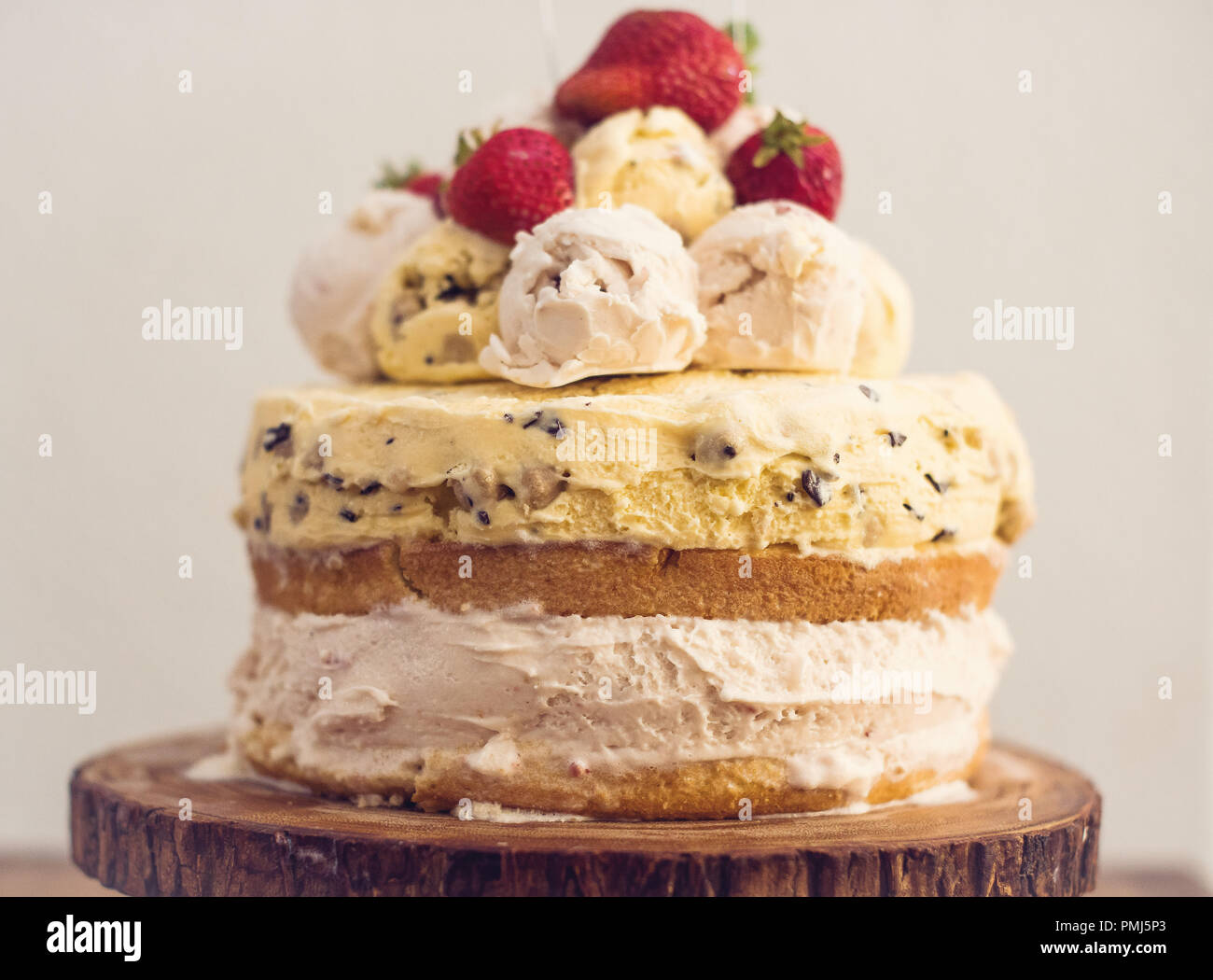 Layered torta gelato pasta biscotto, vaniglia e torta di fragole Foto Stock
