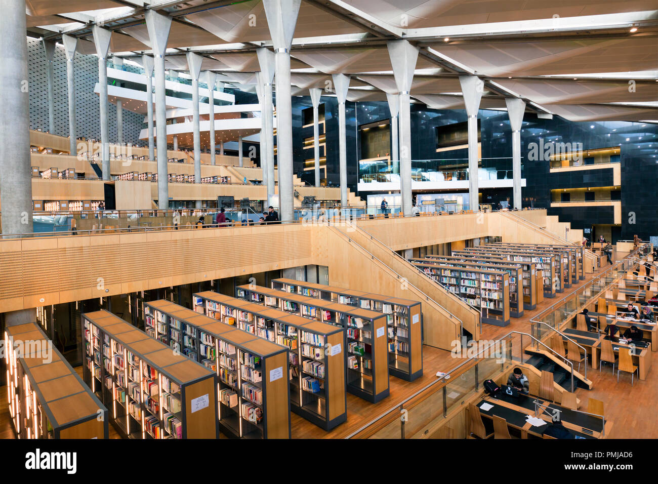 Vista degli interni della sala di lettura della Bibliotheca Alexandrina nella città di Alessandria, Egitto Foto Stock
