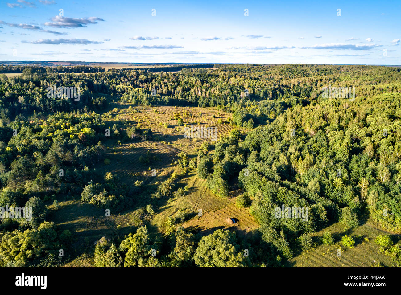 Antenna tipico paesaggio della centrale di montagna russa. Bolshoe Gorodkovo village, Kursk Regione Foto Stock