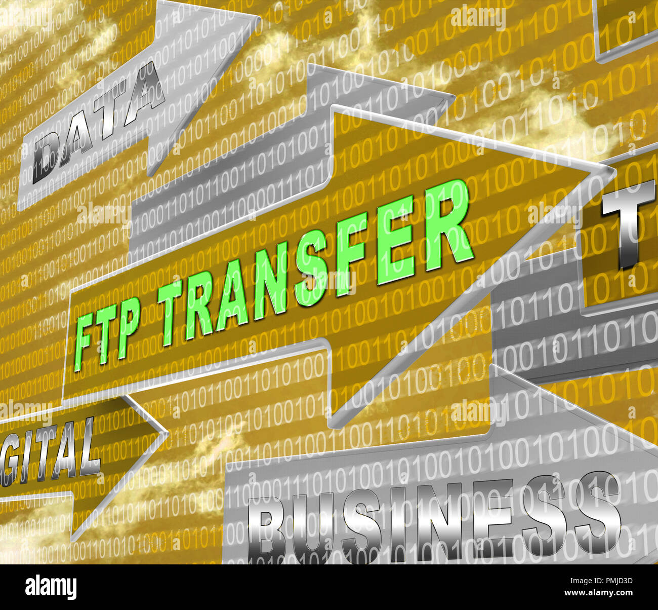 Ftp Acronimo di File Transfer durante il trasferimento dei dati 3D Rendering mostra il caricamento del sistema Protocollo per la trasmissione dei dati dei documenti Foto Stock
