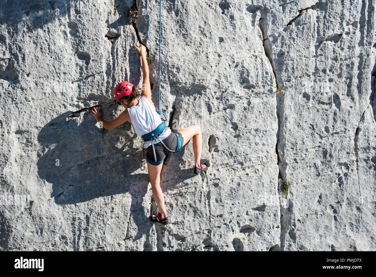 Femmina scalatore rock climbing roccia nelle Gorges du Verdon / Verdon Gorge canyon, Alpes-de-Haute-Provence, Provence-Alpes-Côte d'Azur, in Francia Foto Stock