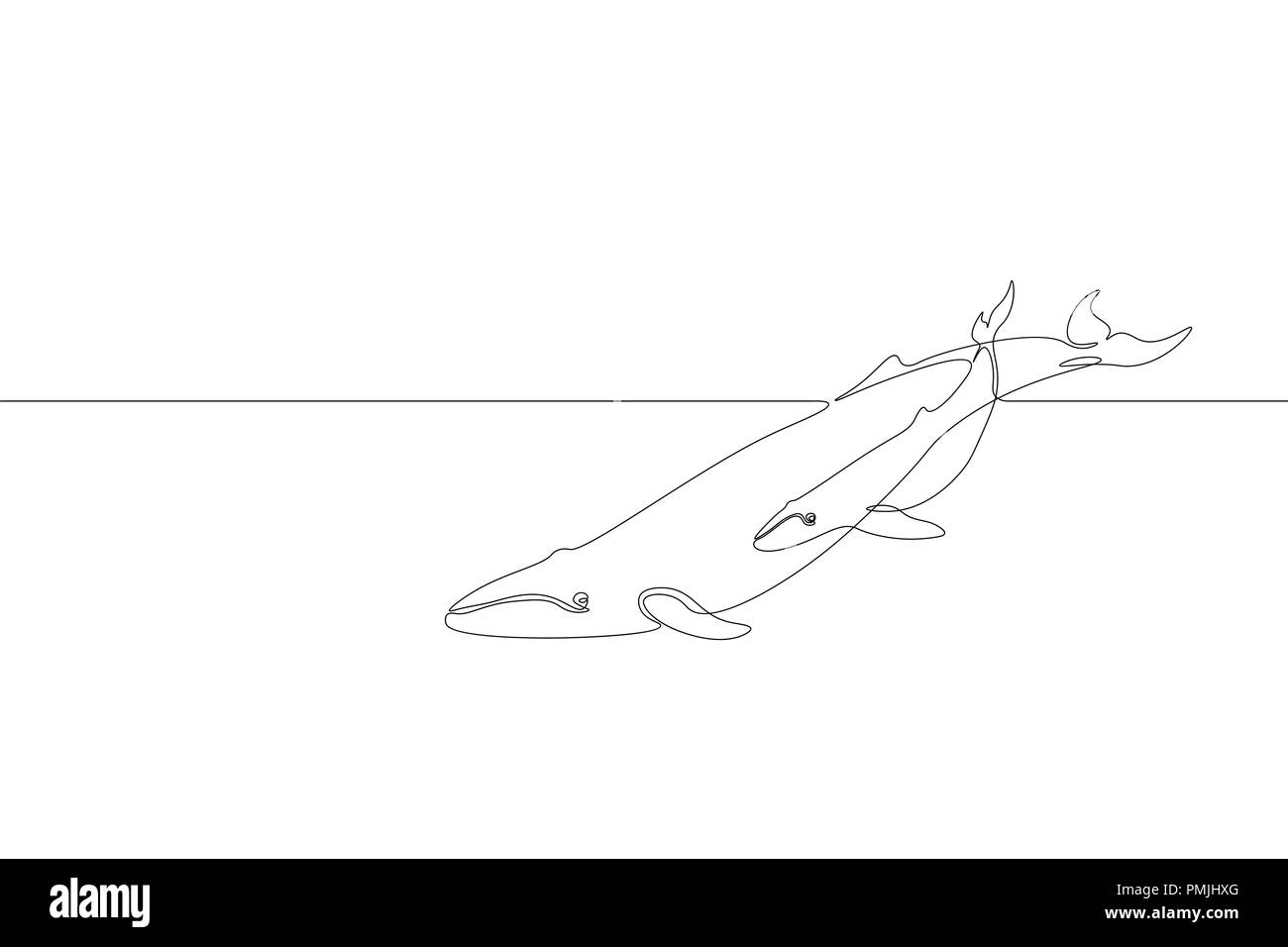 Singola linea continua art marine whale genitore baby silhouette. Natura oceano ecologia ambiente di vita concetto. Grande racconto sea wave madre design animale uno schizzo schizzo illustrazione vettoriale Illustrazione Vettoriale