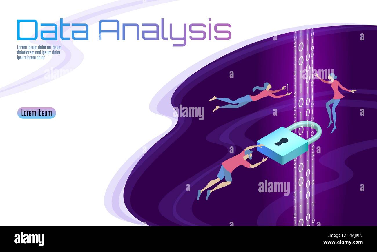 Proteggere i dati di elaborazione di analisi il concetto di business. Informazioni personali sicurezza cartoon isometrica lucchetto codice binario di flusso. Persone lavoro uomo problem solving. Banner Web sfondo illustrazione vettoriale Illustrazione Vettoriale