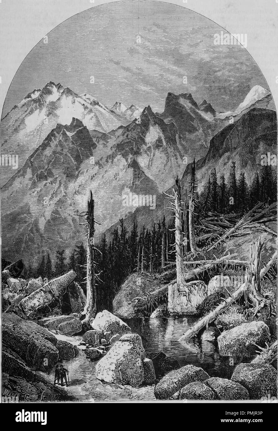 Incisione di cime della Sierra Nevada, dal libro "Pacifico turisti", 1877. La cortesia Internet Archive. () Foto Stock