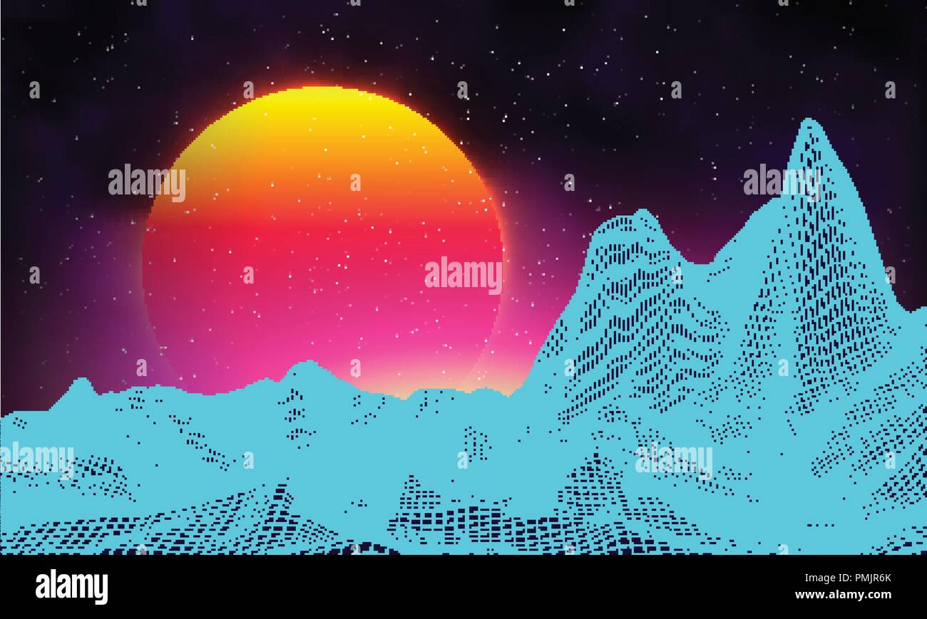 Retrò sfondo paesaggio futuristico degli anni ottanta stile. Digitale paesaggio retrò cyber superficie. Retrò album di musica del modello di copertura sun, spazio di montagna . 80s retrò Sci-Fi sfondo Paesaggio estivo. Illustrazione Vettoriale