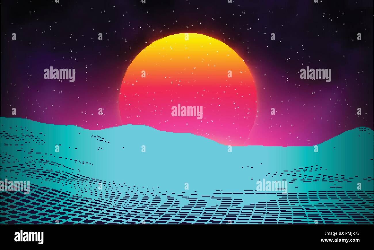 Retrò sfondo paesaggio futuristico degli anni ottanta stile. Digitale paesaggio retrò cyber superficie. Retrò album di musica del modello di copertura sun, spazio di montagna . 80s retrò Sci-Fi sfondo Paesaggio estivo. Illustrazione Vettoriale