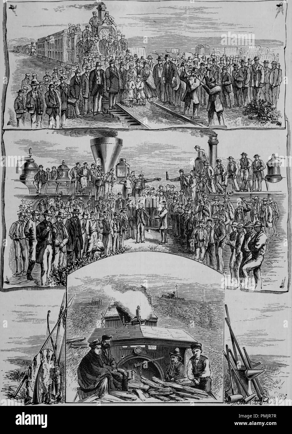 Incisioni del grande ferrovia scena di nozze, guidando l'ultimo Spike, unione di Oriente e di Occidente, e primo fischio del cavallo di ferro, dal libro "Pacifico turisti", 1877. La cortesia Internet Archive. () Foto Stock