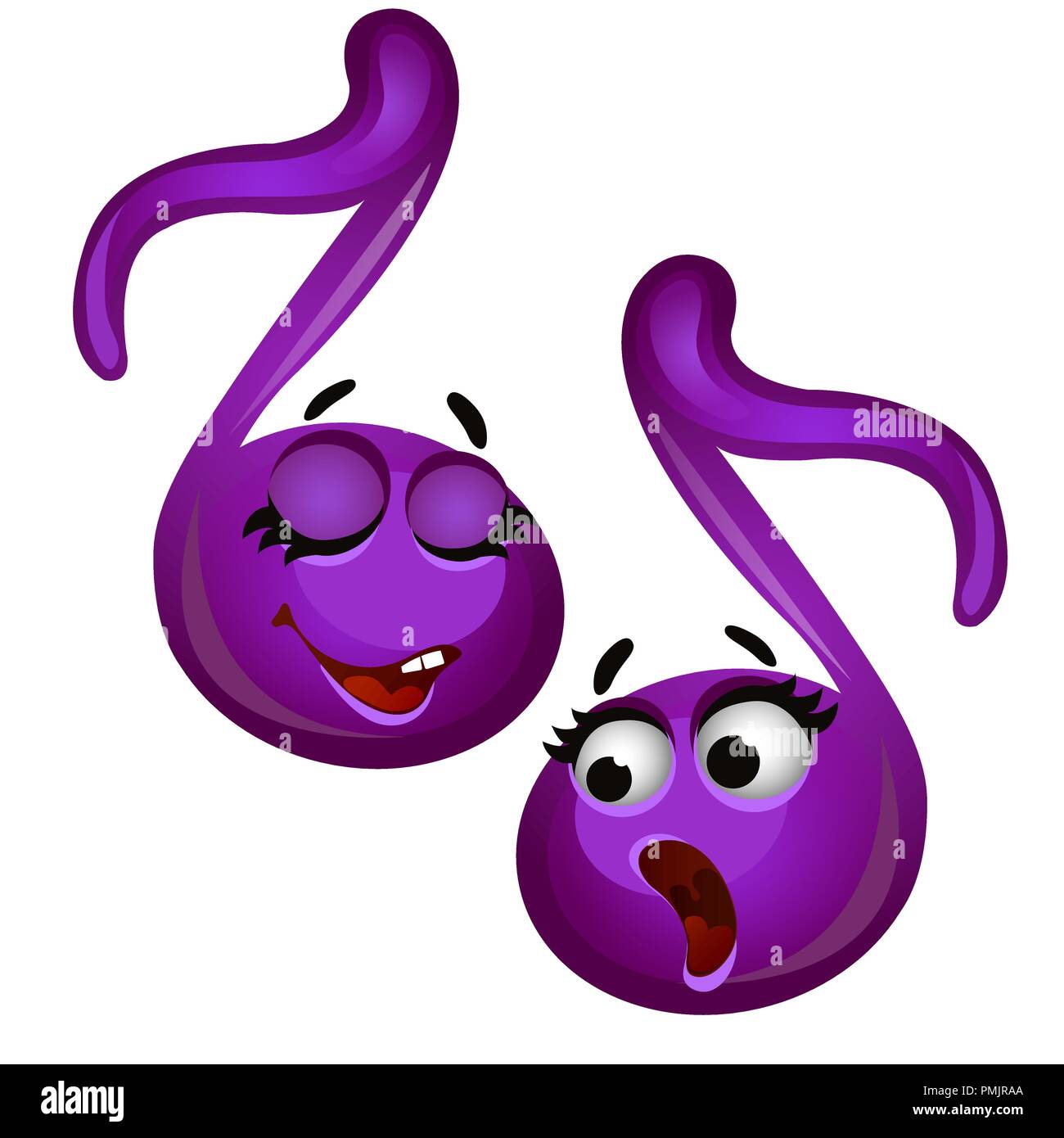 Serie di divertenti ridere note musicali isolati su sfondo bianco. Vector cartoon close-up illustrazione. Illustrazione Vettoriale