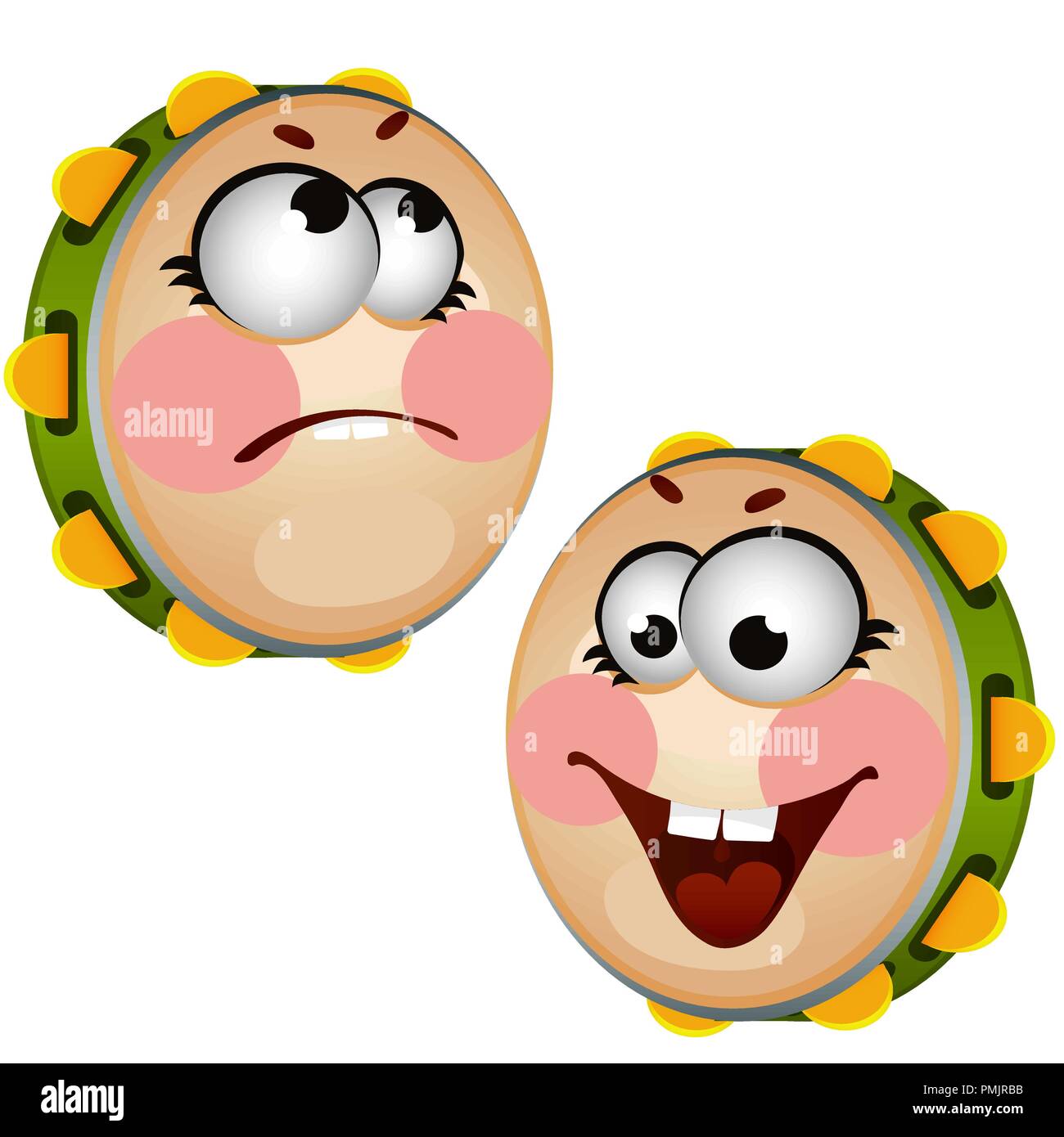 Serie di divertenti ridere tamburello isolati su sfondo bianco. Vector cartoon close-up illustrazione. Illustrazione Vettoriale