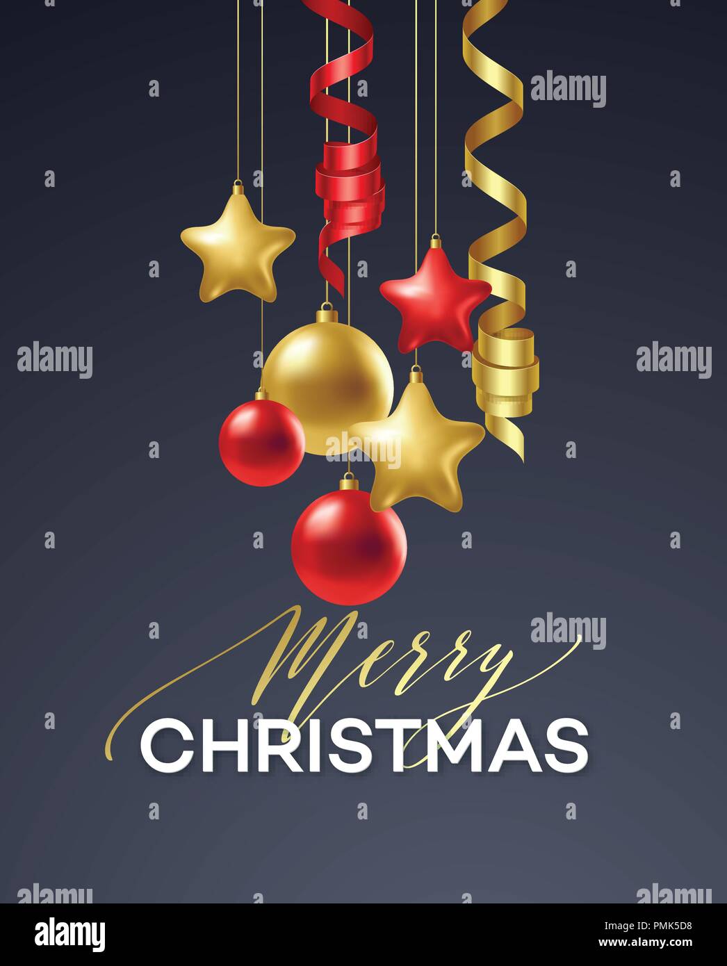 Poster Merry Christmas holiday. Premio calligraphy lettering con oro decorazione ornamento della palla dorata di lusso su sfondo nero. Illustrazione Vettoriale Illustrazione Vettoriale