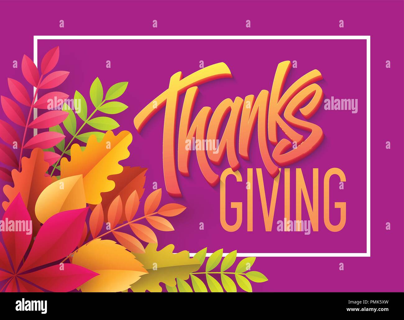 Felice ringraziamento lettering con carta di foglie di autunno. Illustrazione Vettoriale Illustrazione Vettoriale