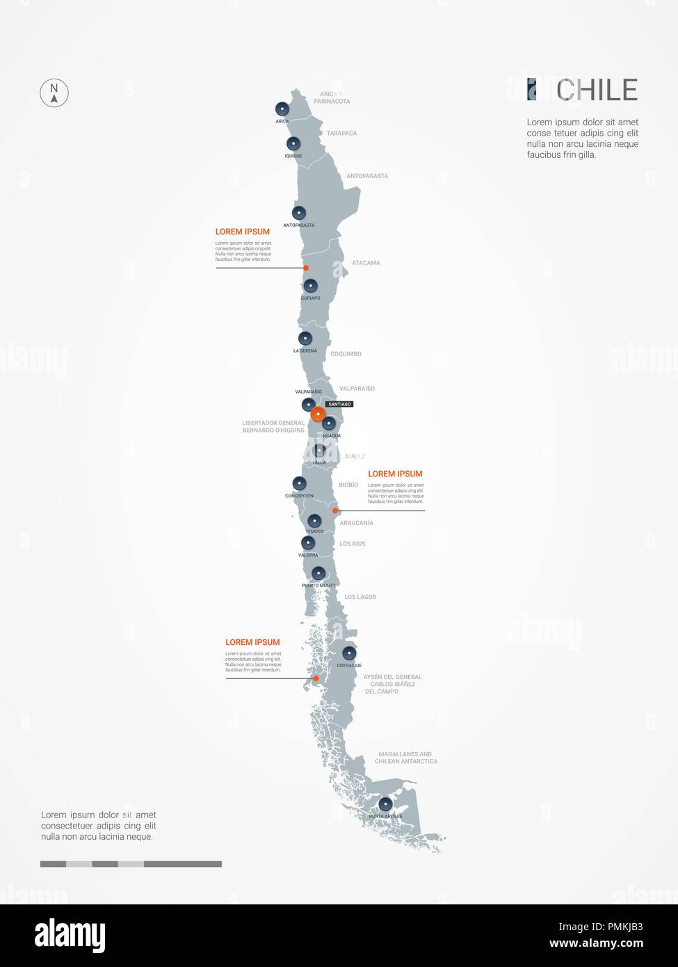 Mappa di Cile con le frontiere, città capitale e divisioni amministrative. Infografico mappa vettoriale. Livelli modificabili chiaramente etichettati. Illustrazione Vettoriale