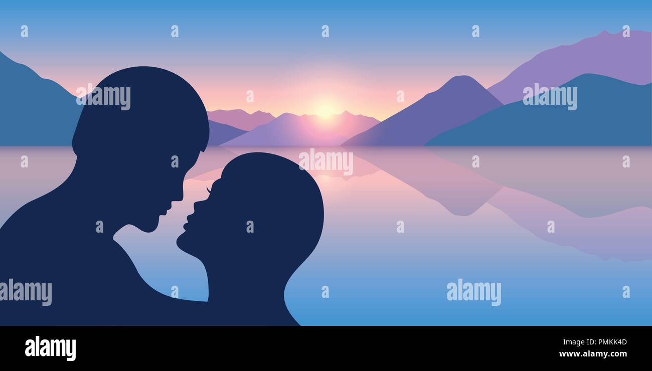 Bacio romantico silhouette a bella vista della montagna e del mare a sunrise illustrazione vettoriale EPS10 Illustrazione Vettoriale