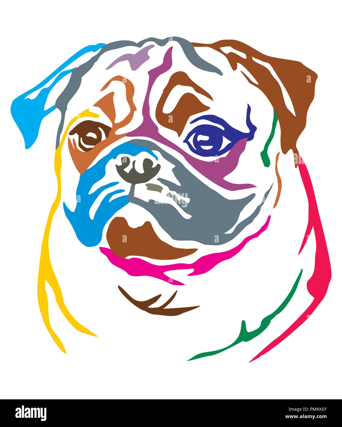 Decorativo colorato ritratto di cane Pug, illustrazione vettoriale in colori diversi isolati su sfondo bianco Illustrazione Vettoriale