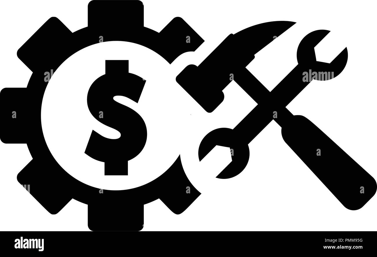 Gli ingranaggi del dollaro icona con strumenti nero del vettore Illustrazione Vettoriale