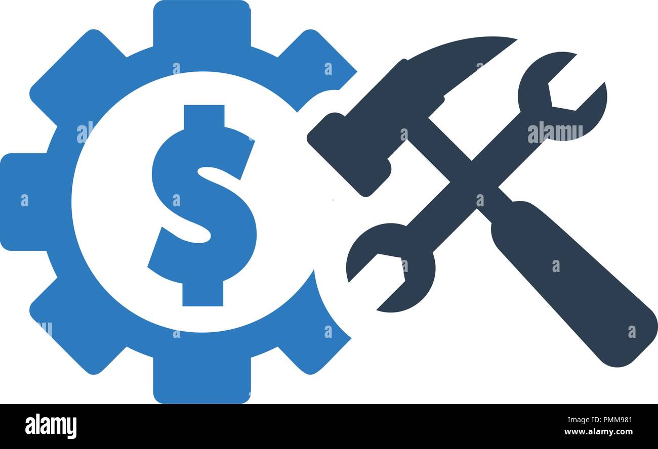 Gli ingranaggi del dollaro icona con strumenti blu del vettore Illustrazione Vettoriale