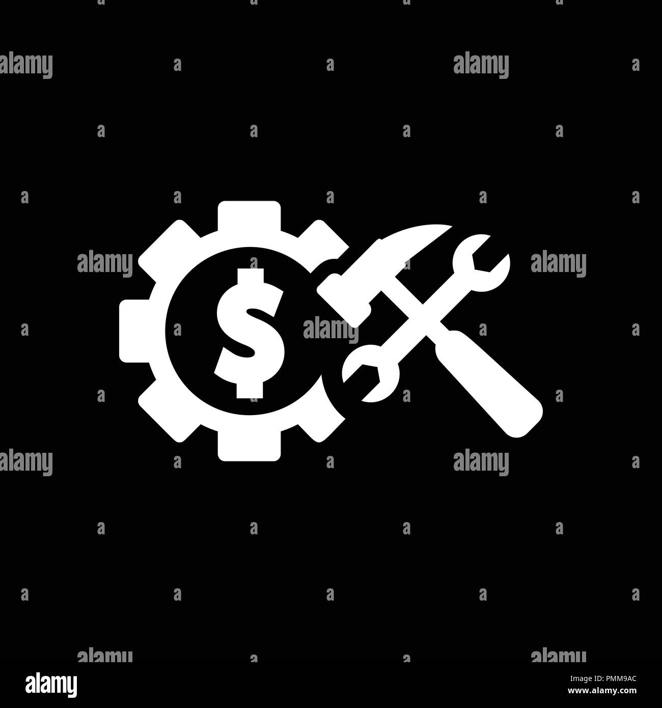 Gli ingranaggi del dollaro icona con strumenti bianco del vettore Illustrazione Vettoriale