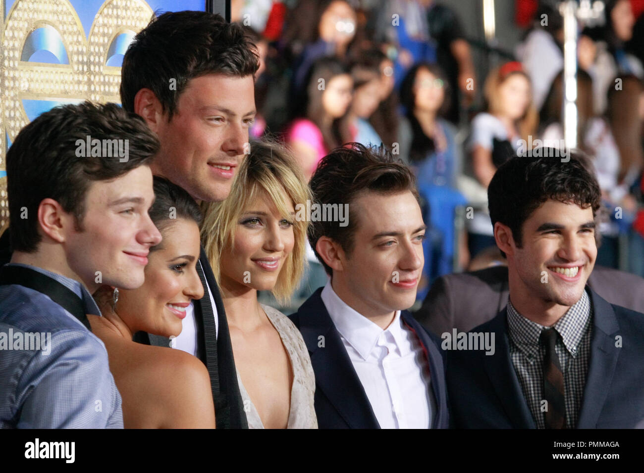 Chris Colfer, Lea Michele, Cory Monteith, Dianna Agron, Kevin McHale e Darren Criss alla premiere di Twentieth Century Fox 'Glee il 3D Concerto film". Gli arrivi presso il Regency Village Theatre di Westwood, CA, 6 agosto 2011. Foto di Joe Martinez / PictureLux Foto Stock