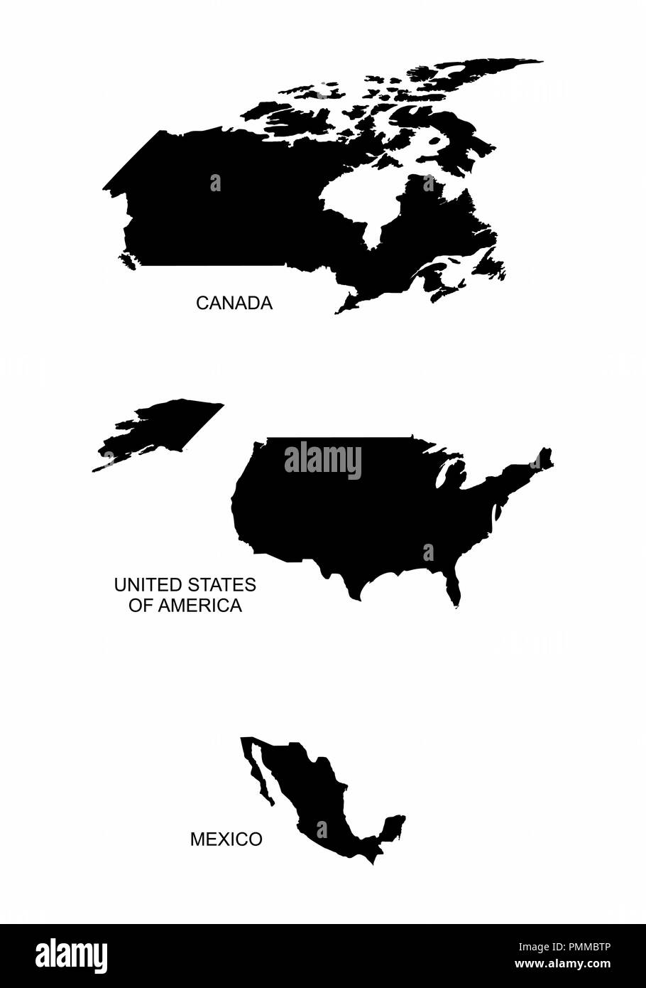 Set di sagome di America del Nord paesi su sfondo bianco Illustrazione Vettoriale