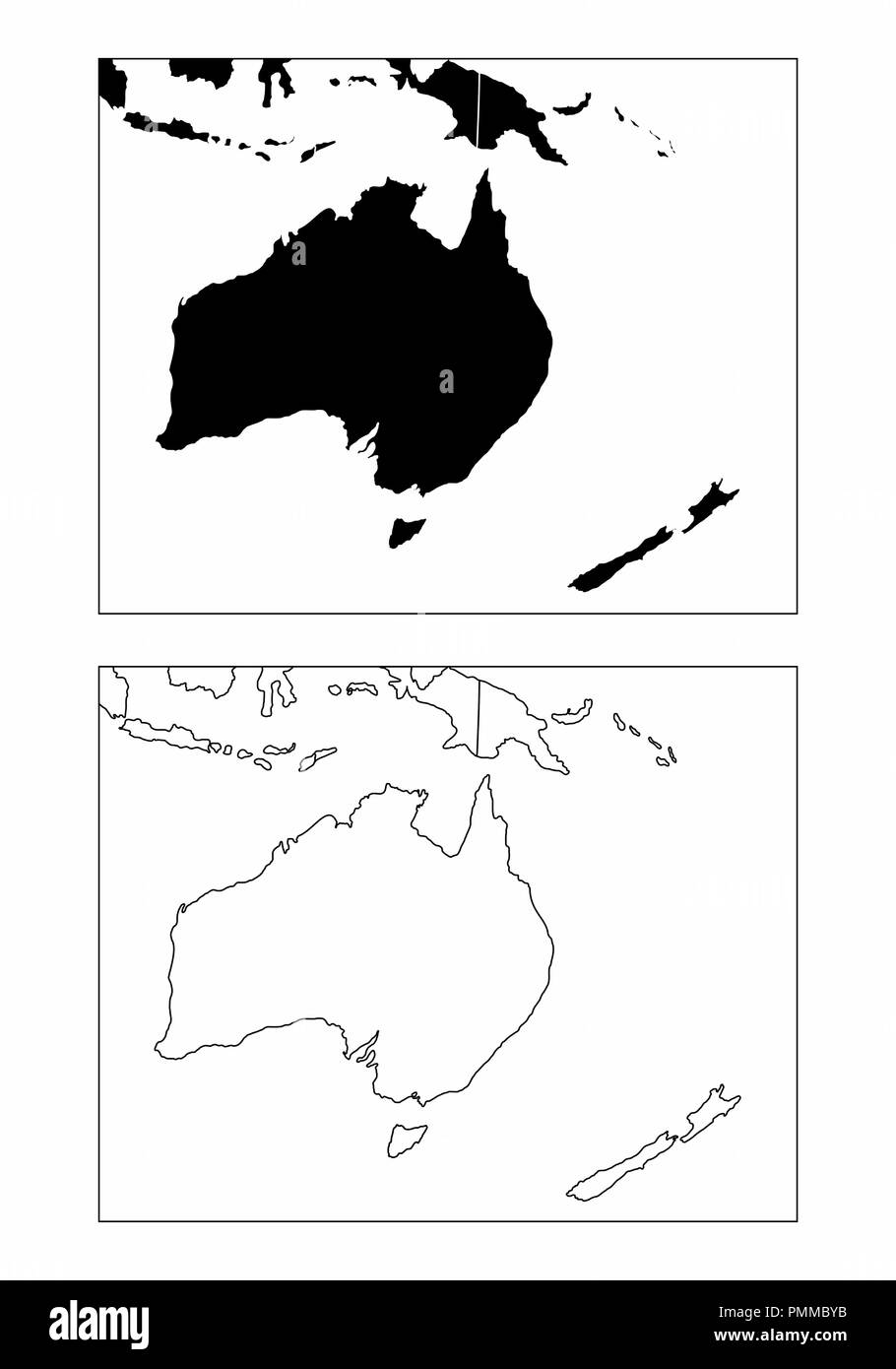 Mappe semplificato dell'Oceania con paesi confini. In bianco e nero dei contorni. Illustrazione Vettoriale