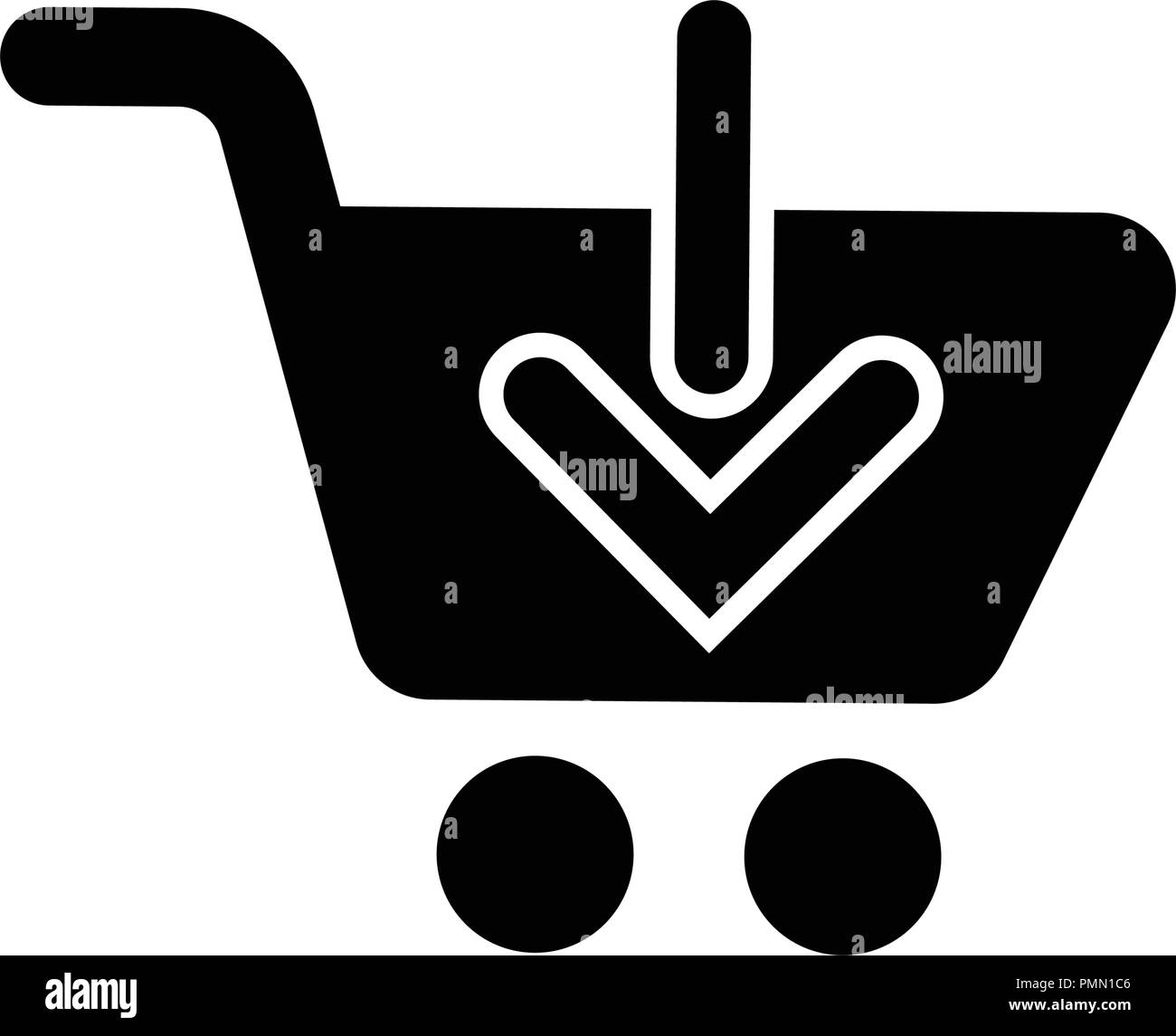 Una freccia verso il basso sulla pushcart concetto di aggiungi al carrello nero del vettore Illustrazione Vettoriale