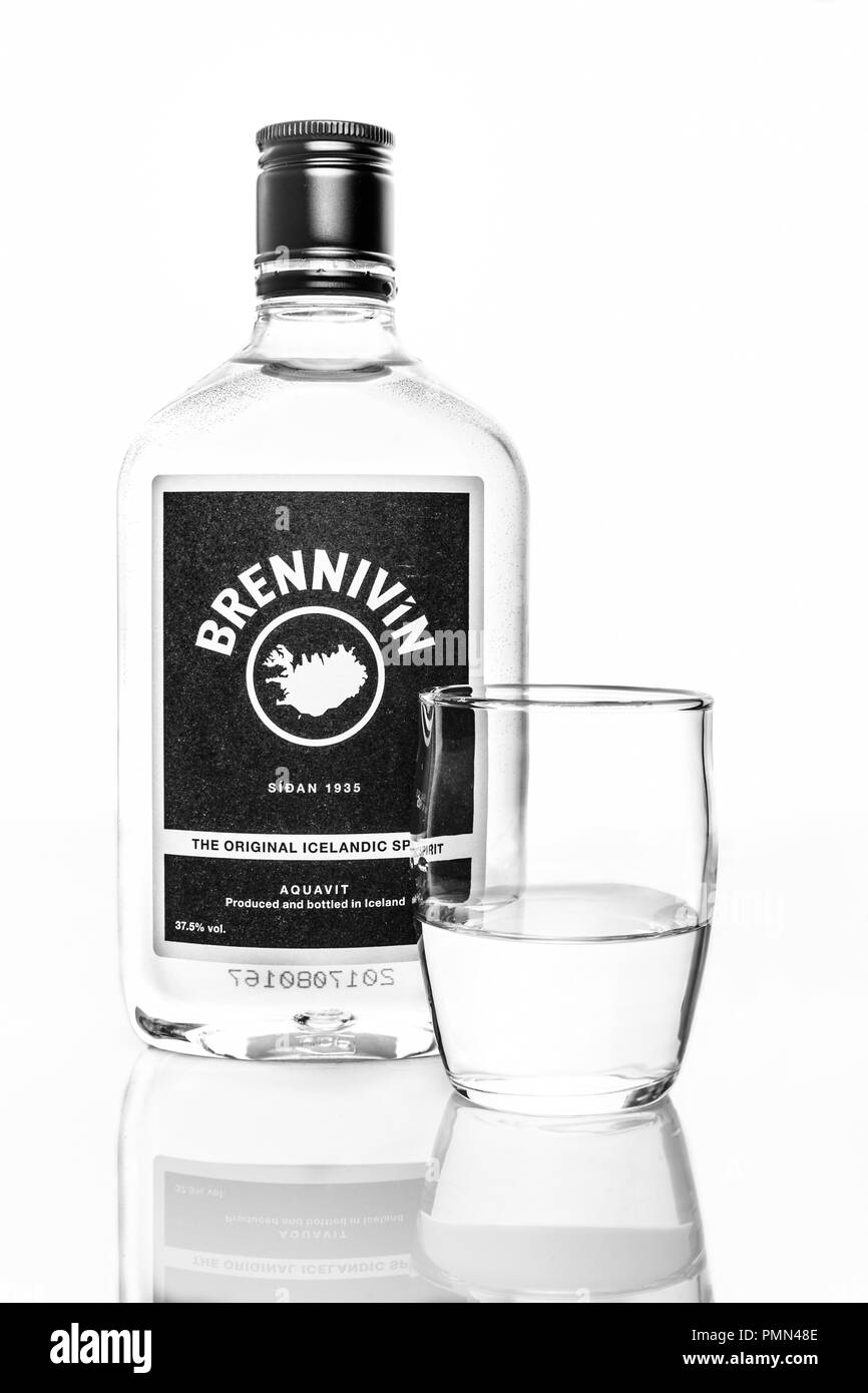 Bottiglia di Brennivin aquavit con colpo di vetro contro uno sfondo bianco Foto Stock