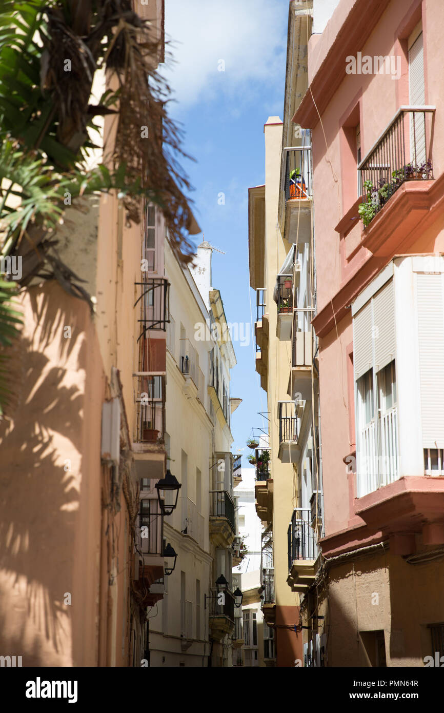 Una strada stretta nel vecchio quartiere della città di Cadiz in Andalusia, Spagna Foto Stock