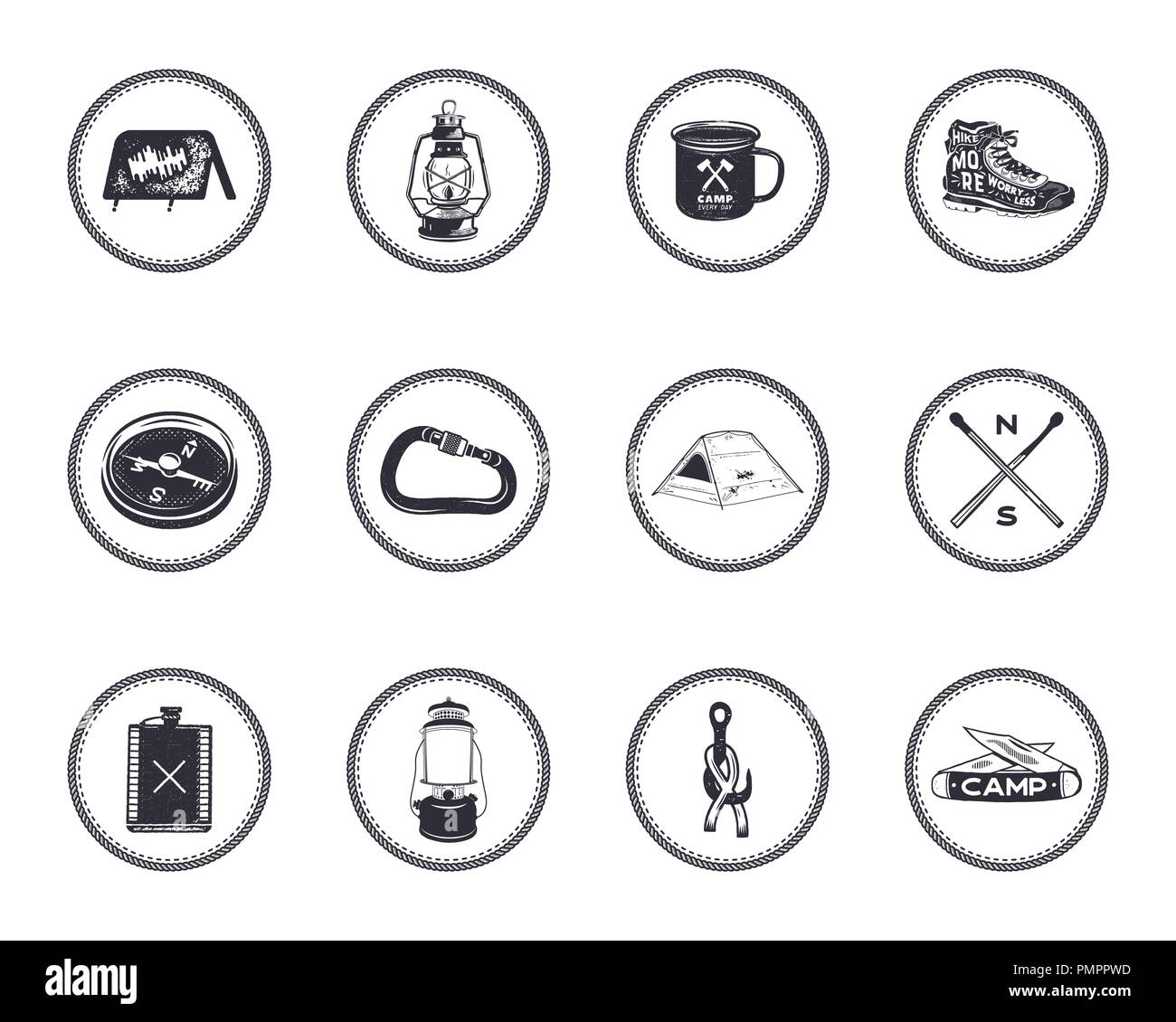 Set di 12 camping silhouette icone e simboli. Attrezzatura per le escursioni elementi - tenda, boot, lanterna, bussola. Vettore di stock emblemi avventura isolata. Buona per T-Shirt stampa, tazze, altra identità Illustrazione Vettoriale
