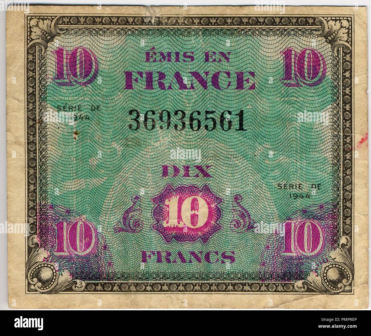 Billetta drapeau de 10 franchi il recto. Foto Stock