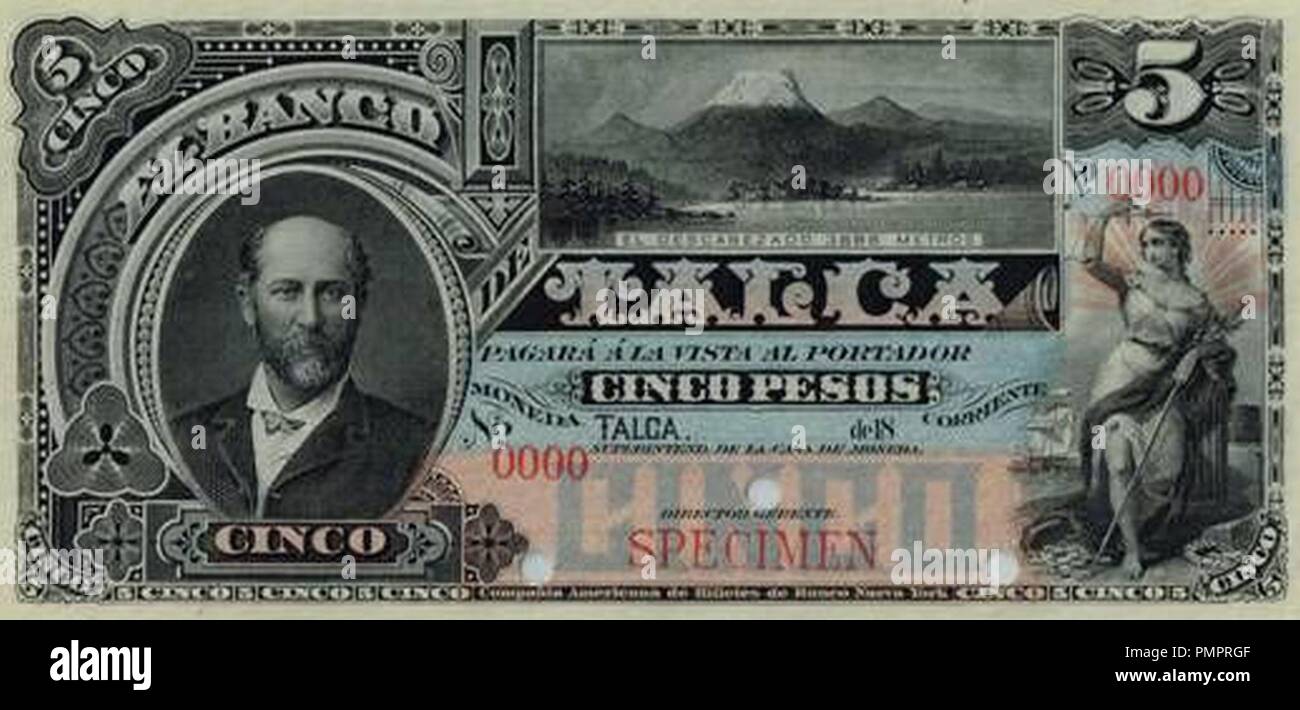 Billete de 5 pesos Banco de Talca. Foto Stock