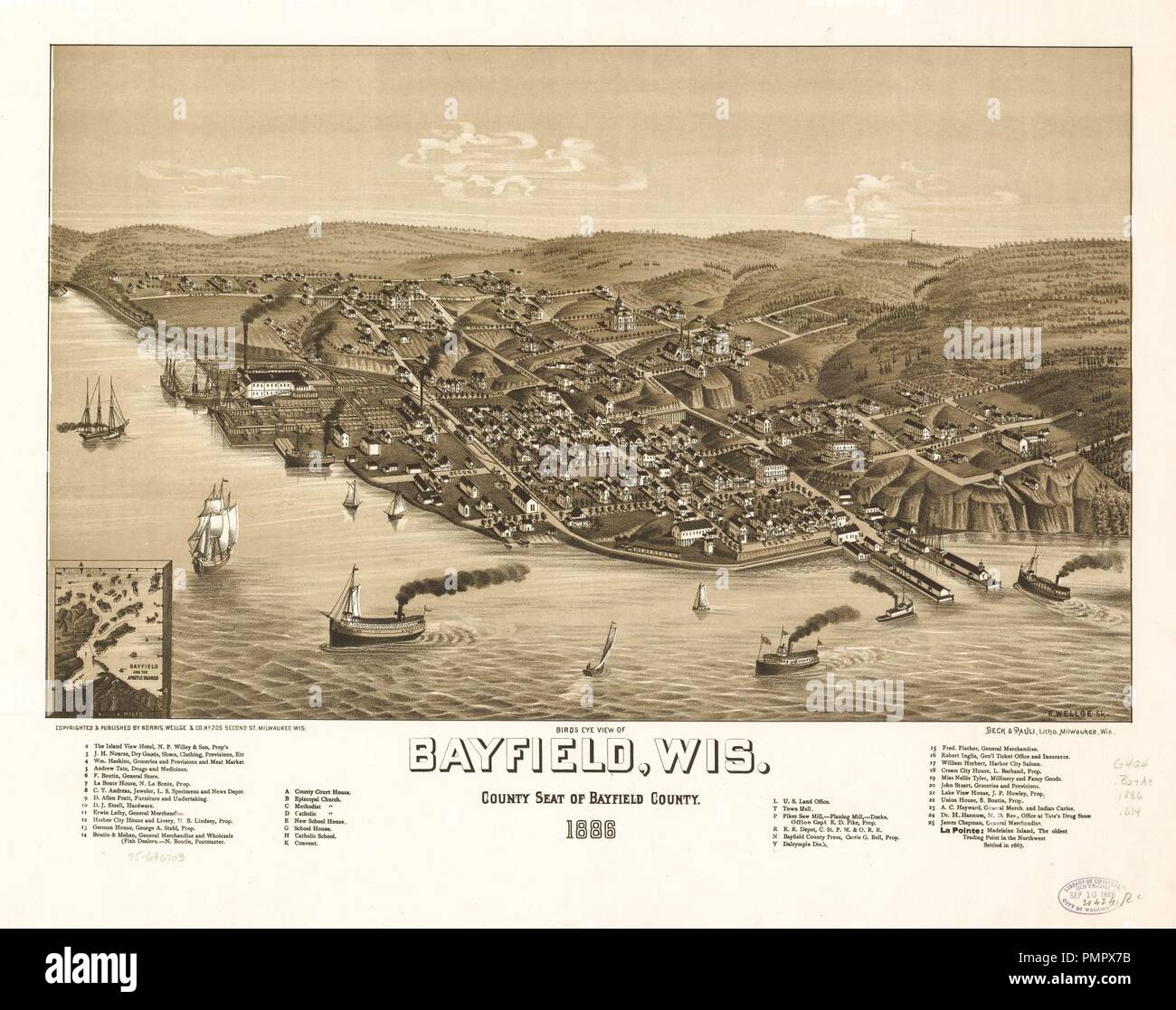 Vista panoramica di Bayfield, Wis., sede della contea di Bayfield County 1886. Foto Stock