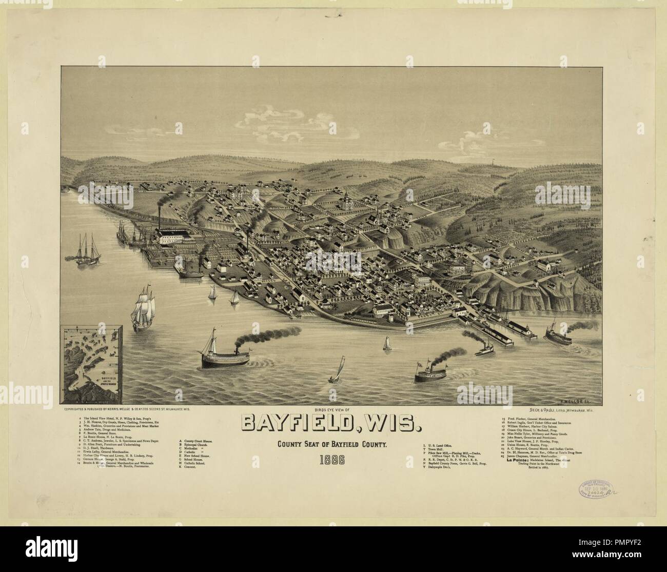 Panoramica di Bayfield, Wis., sede della contea di Bayfield County-1886 - H. Wellge sk. ; Beck & Pauli, litio., Milwaukee, Wisconsin Foto Stock